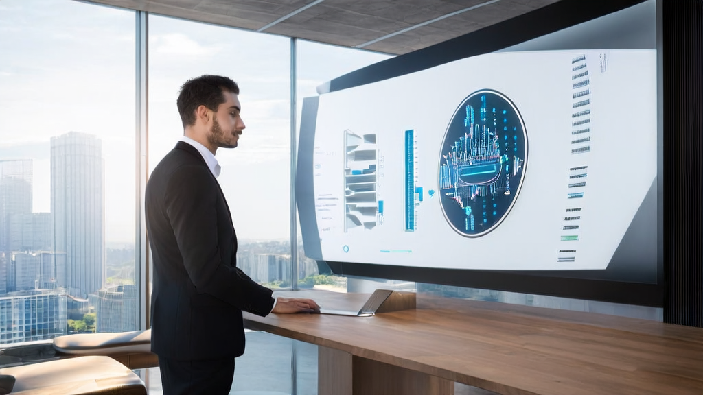Young marketing expert using AI email marketing system in a modern office with Tesla logo and cityscape background