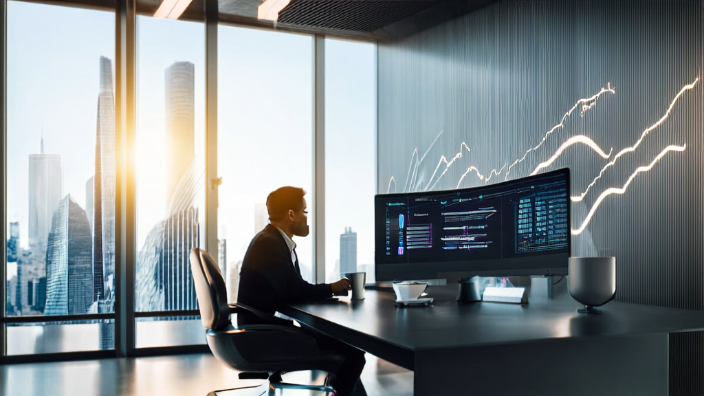 A modern office bathed in sunlight, showcasing AI email marketing data analysis, with an artistic print of Wenzhou's skyline on the wall and AI governance manuals and smart voice assistants on the desk