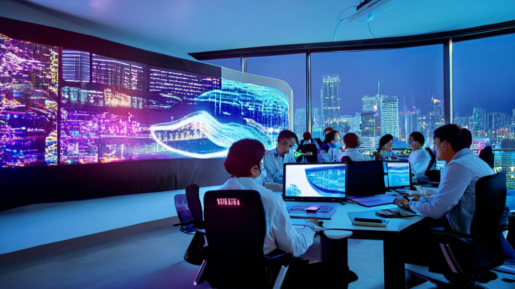 Nighttime tech office where engineers are analyzing AI email marketing data