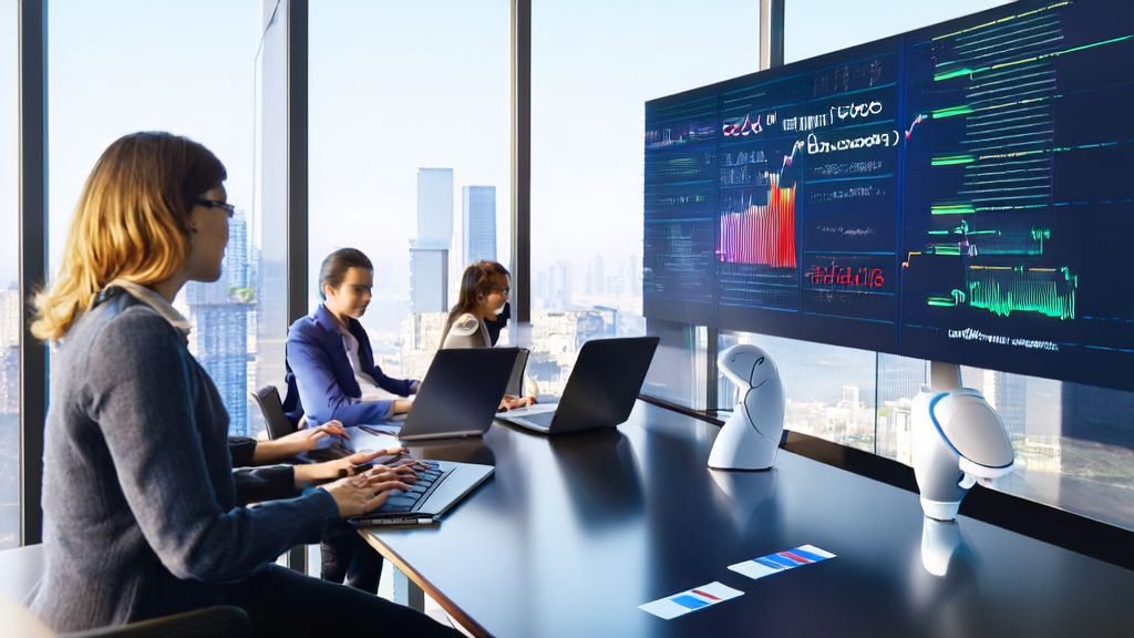 Modern office where employees use AI technology for efficient email marketing