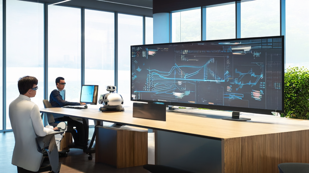 阳光照耀下的现代化办公室，员工们使用AI工具处理邮件，墙上挂着显示AI算法的屏幕，角落有智能机器人辅助工作。
