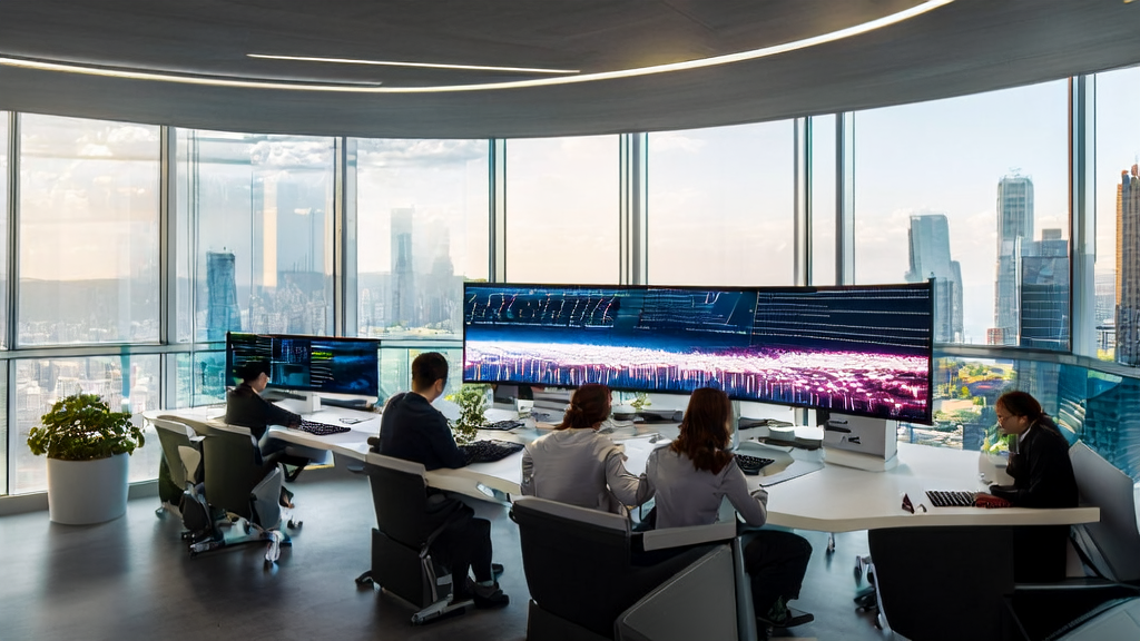 In a modern office with city skyline in the background, employees are using AI-optimized email marketing systems for precise customer acquisition.