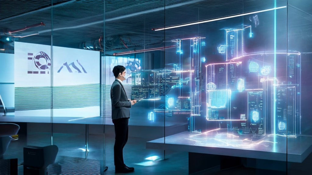 In a futuristic office, a young professional uses an AI email marketing system to process emails, showcasing the power of AI technology.
