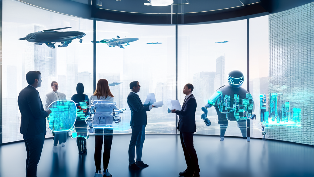 In a futuristic office, a team discusses AI email marketing strategies around a transparent screen while a robot assistant processes documents in the background, with a bustling cityscape outside.