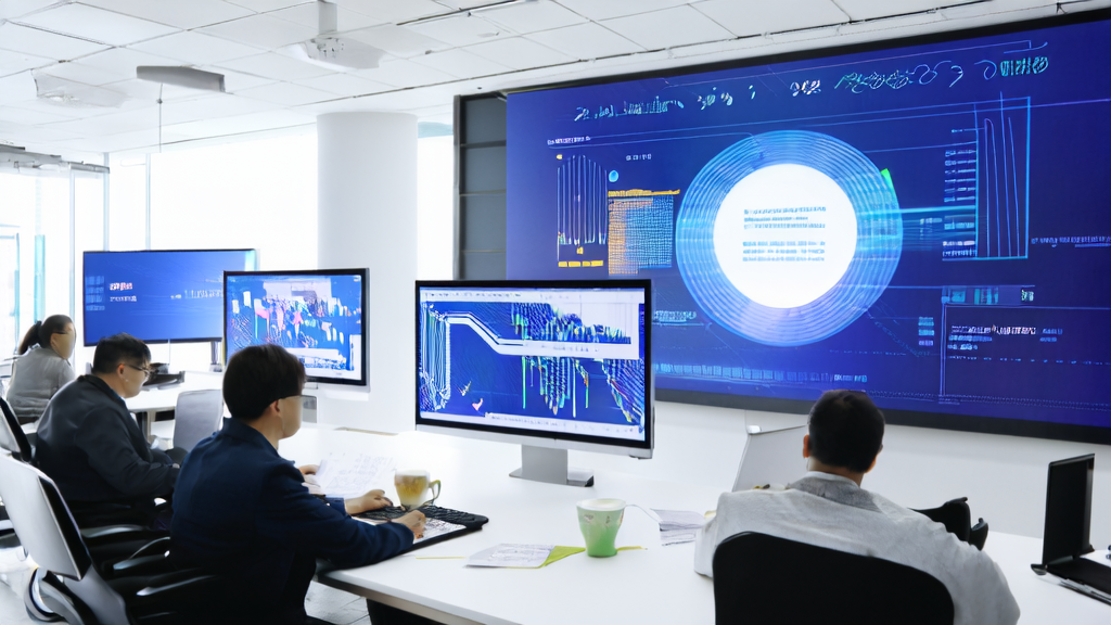现代化办公室中展示AI邮件营销实时分析结果和夸克AI生态布局的场景