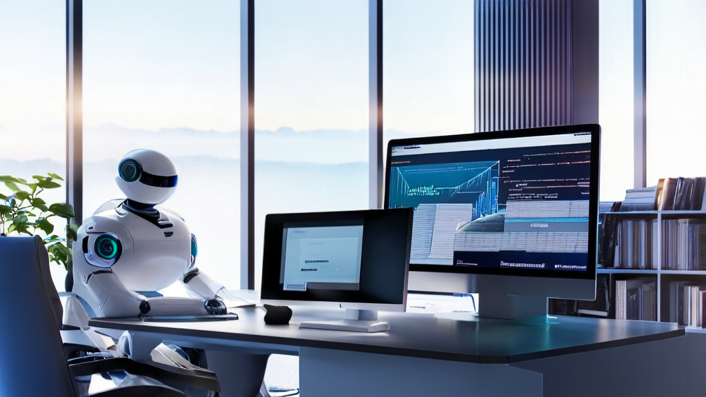 充满未来感的办公室中，智能机器人正在使用带有“ChatGPT Record”功能的macOS电脑进行个性化邮件营销