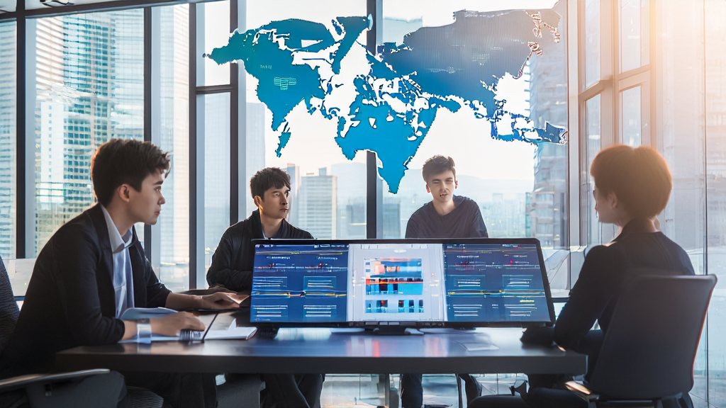 In a bright office, entrepreneurs are discussing AI email marketing strategies around a smart conference table, with a world map on the wall marking global customer data collection points.