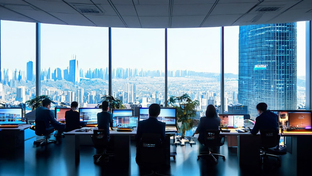 In a futuristic city office, an entrepreneur optimizes email marketing strategies using AI systems while a Tesla Robotaxi drives on the street.