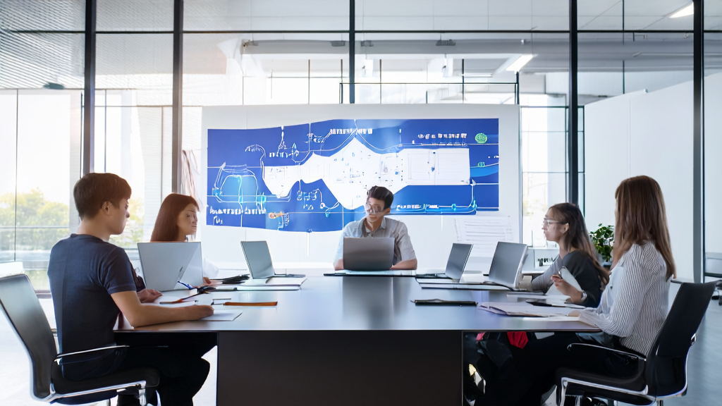 在充满科技感的现代办公室中，专业人士讨论AI优化邮件营销策略，并展示Diddy审判视频的成功案例。