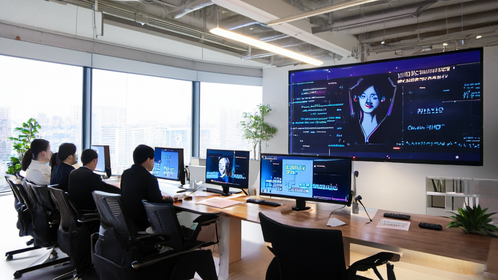 Office workers optimizing email marketing strategies using AI technology, with a display of Xiaohongshu's DynamicFace face generation technology on the wall