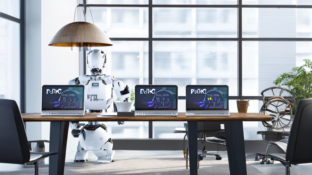 A modern office bathed in sunlight, where employees are optimizing email marketing strategies using AI technology to improve customer acquisition efficiency.