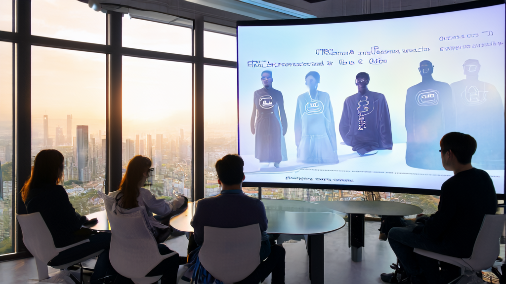 A group of young professionals in an office using AI technology to optimize email marketing, with a 3D digital human generated by GUAVA displayed on the screen.
