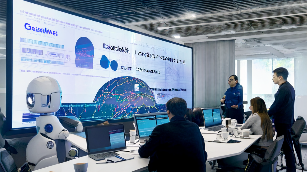 Data scientists in a modern office using AI technology to optimize email sending times, with a Real Simple Licensing poster on the wall