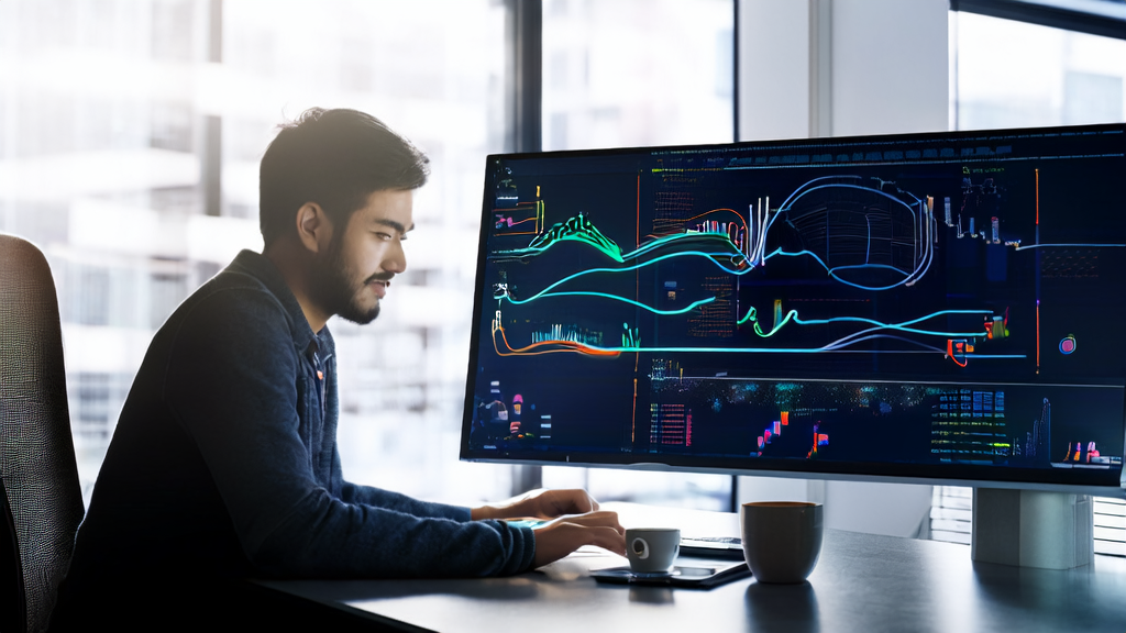 一位营销经理在办公室利用AI技术优化邮件发送时间，提高客户响应率