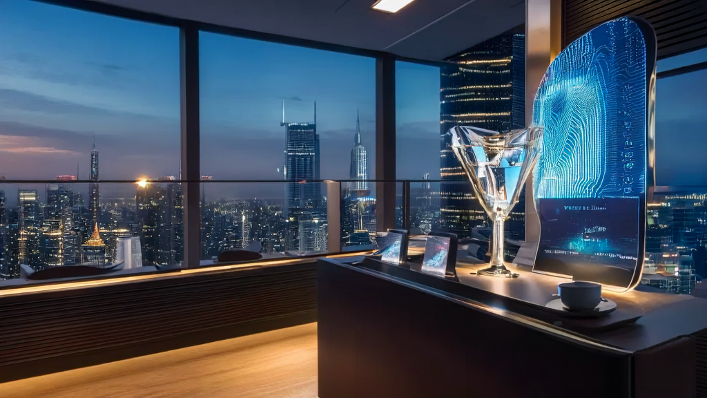 现代办公室中展示AI智能获客系统的界面，旁边是城市天际线和获奖证书。