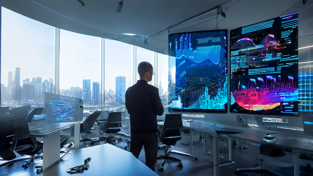 年轻的创业者在高科技办公室中使用AI优化邮件营销并展示Komiko生成的动漫视频