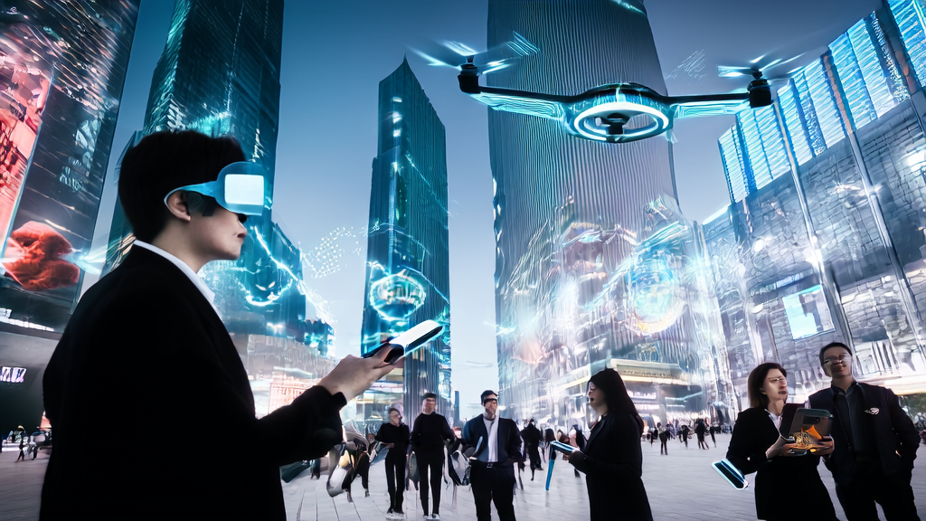 A young professional wearing the Quark AI glasses checking optimized email content in a futuristic city square