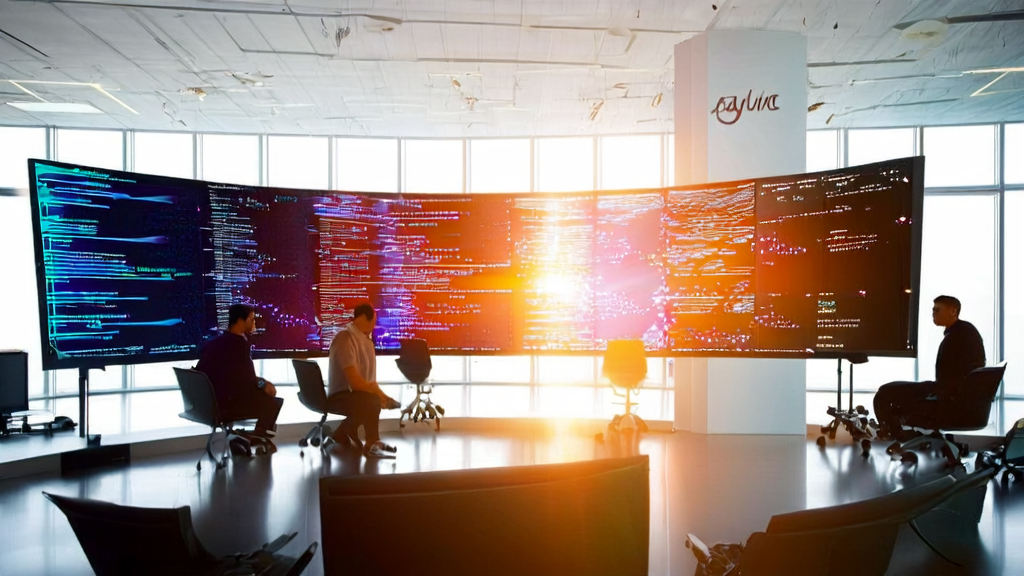 几位创业者在充满科技感的办公室中利用AI优化邮件营销策略，提高客户获取率。