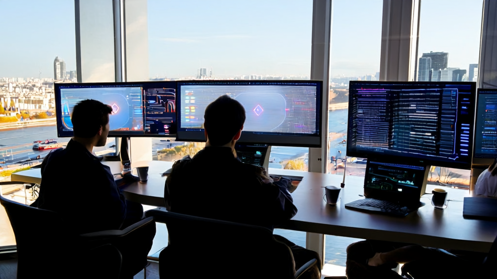 阳光照耀下的现代办公室，程序员们正在讨论AI邮件营销策略