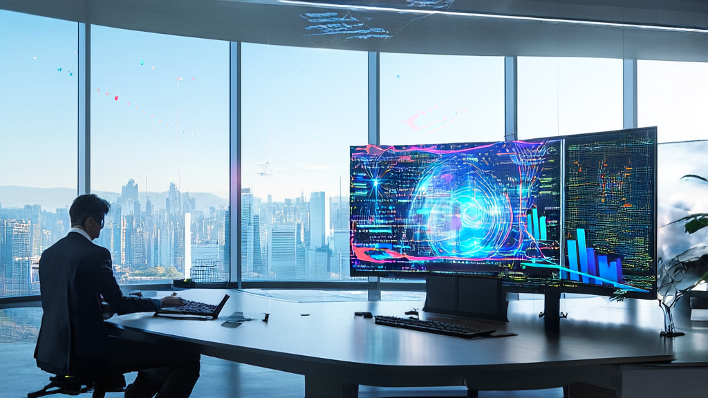 In a modern office, a programmer uses AI technology to optimize email marketing strategies and improve reply rates