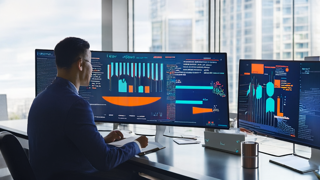 Data analyst optimizing email marketing with AI to increase open and reply rates in a modern office setting