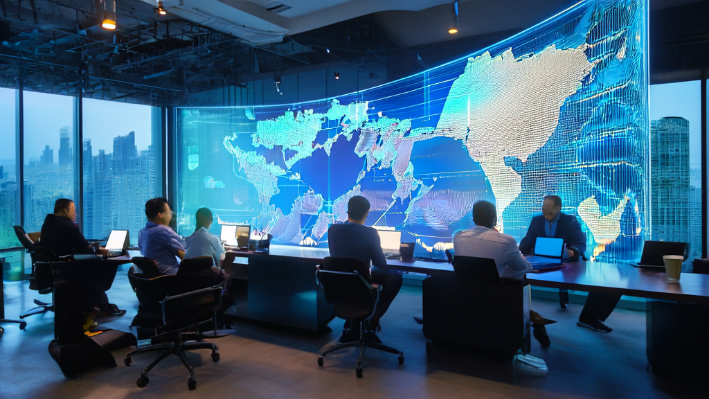 Engineers discussing AI-optimized email marketing strategies in a high-tech office with city night view background