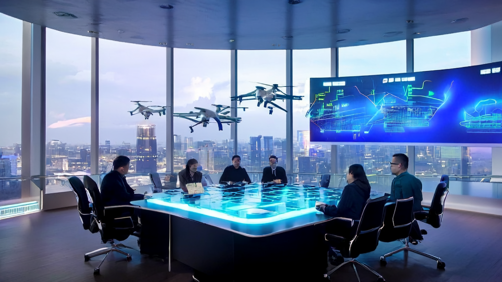 Modern office scene in a futuristic city, showcasing AI-optimized email marketing technology and personalized email design