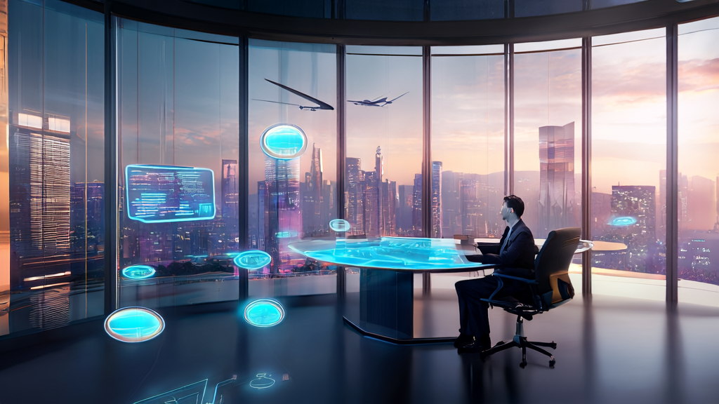 A marketing manager in a futuristic office uses AI technology to optimize email marketing and improve response rates