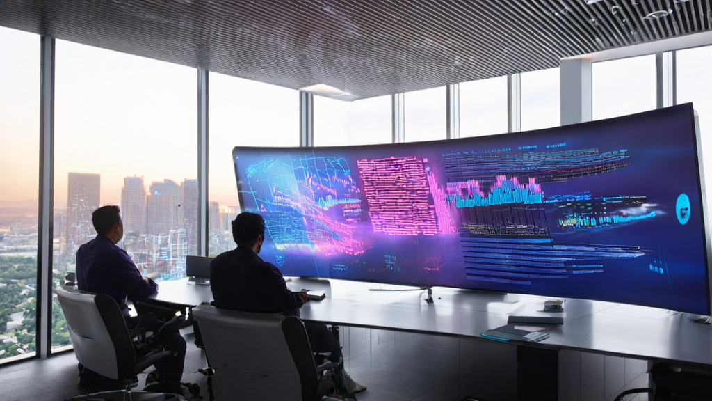 Technicians in an office are optimizing email marketing strategies using AI technology, with a beautiful city skyline in the background