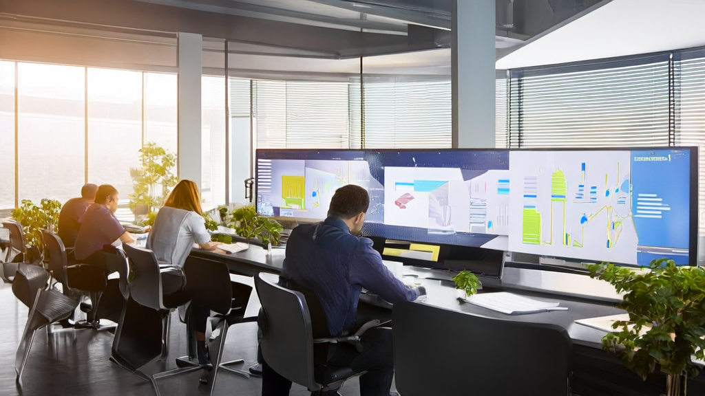 Office workers using AI-optimized email marketing and Slack AI assistant for efficient collaboration