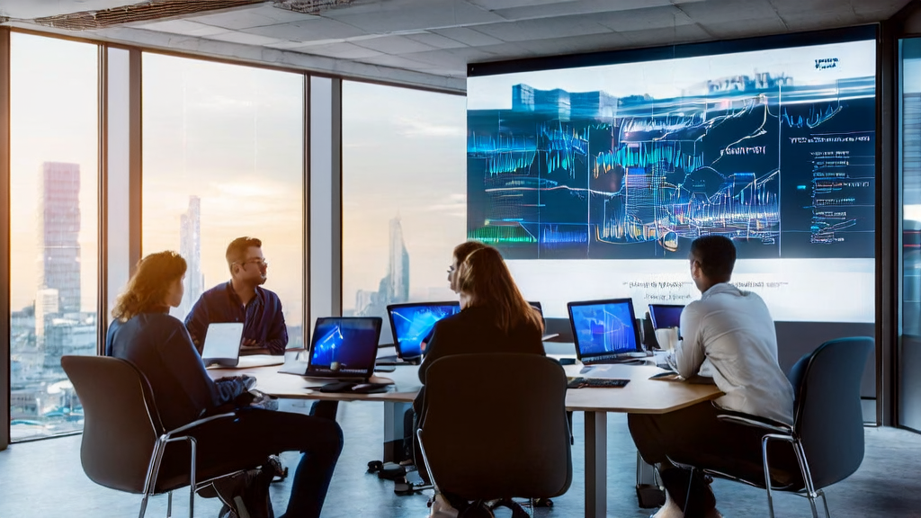 Young team discussing AI-optimized email marketing strategies in an office, showcasing personalized email samples, smart scheduling charts, and multilingual content generation examples.