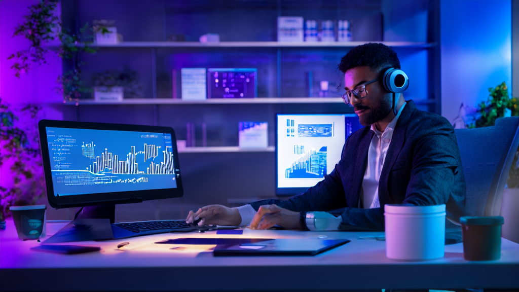 In a bright office, an entrepreneur is using AI-optimized email marketing tools, with a poster of ByteDance's ProtoReasoning framework on the background wall.