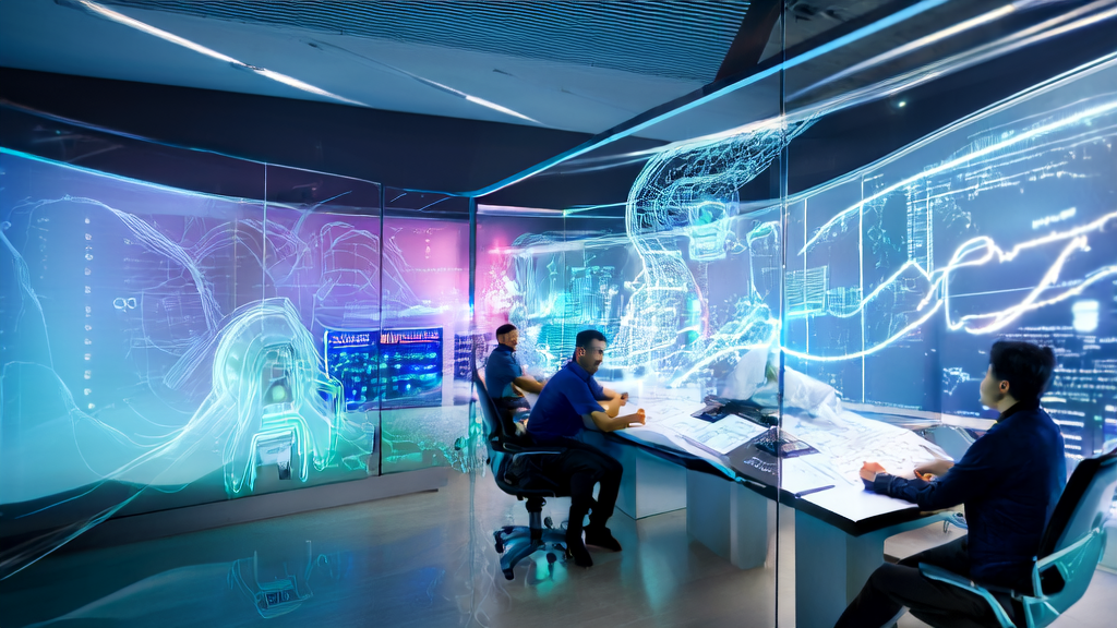 Tech professionals in a futuristic office using AI technology to optimize email marketing acquisition for overseas markets