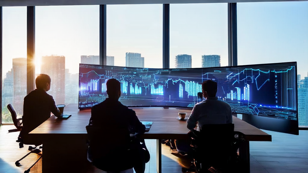 A professional team discussing AI-optimized email marketing strategies in a modern office with data analysis