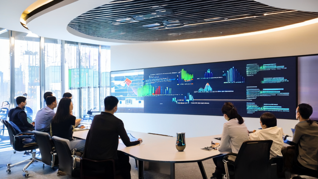 团队成员在办公室中讨论AI邮件营销优化策略，背景墙上有字节跳动Seed助力清华大学夺冠的纪念奖杯。