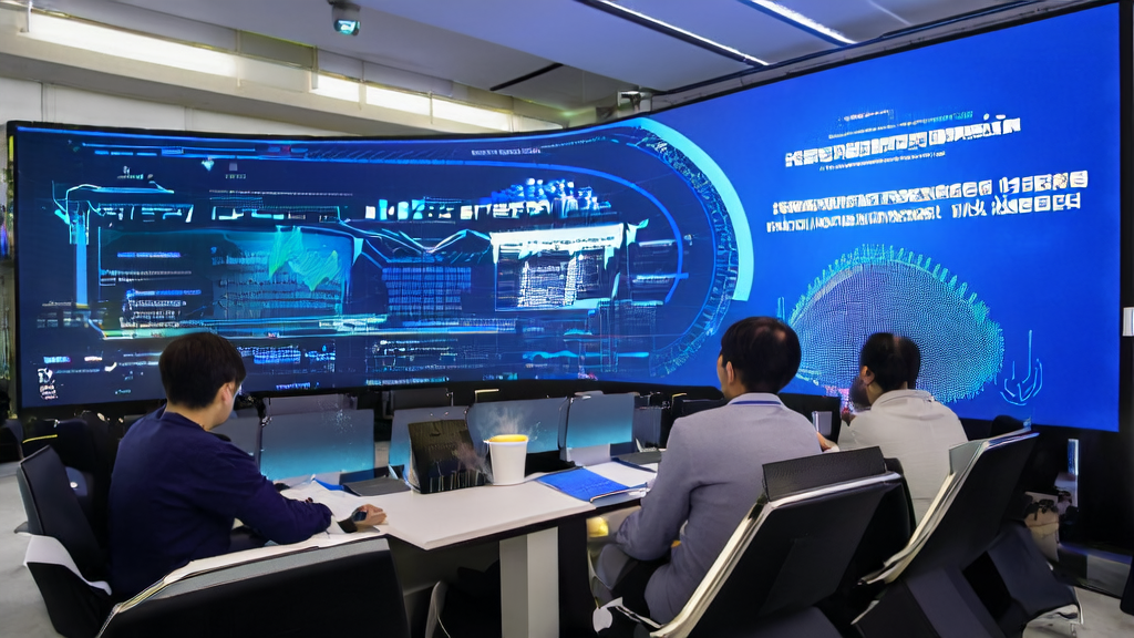 现代办公室内的员工使用AI技术优化邮件营销流程，桌上放有GPT-5宣传手册