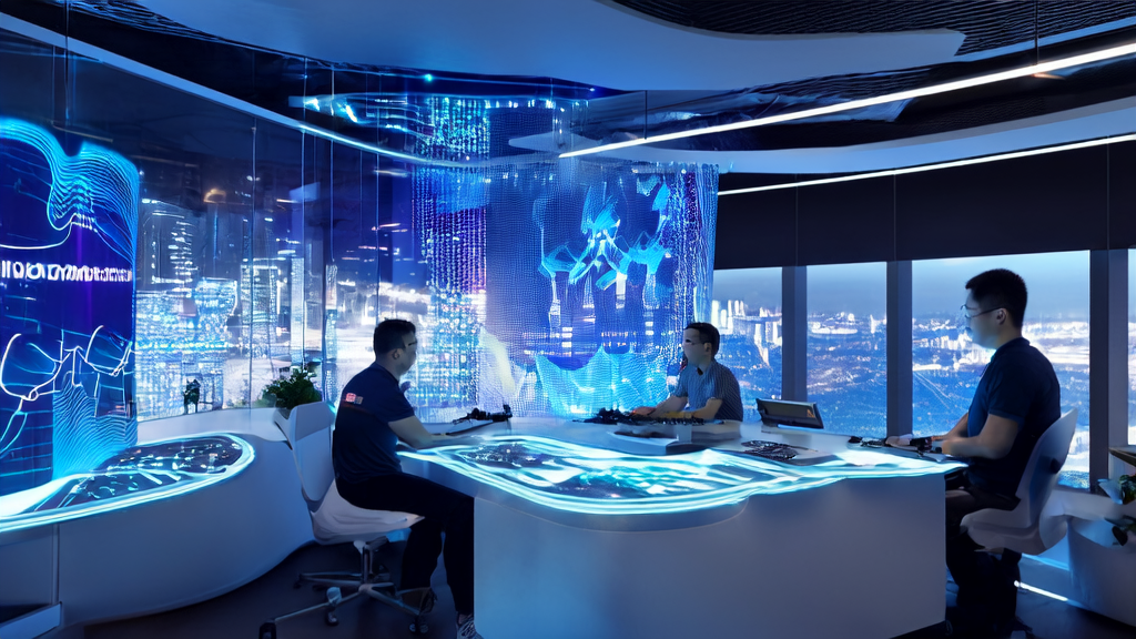 未来科技办公室中，程序员们正在调试360纳米AI系统，优化邮件营销策略，背景是繁华的城市夜景。