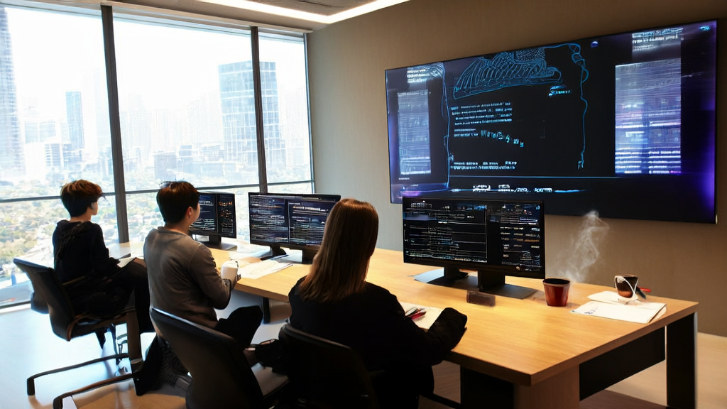 几位程序员在办公室中使用Devstral优化邮件营销策略，阳光透过窗户洒进来，墙上挂着“AI驱动未来”的标语。