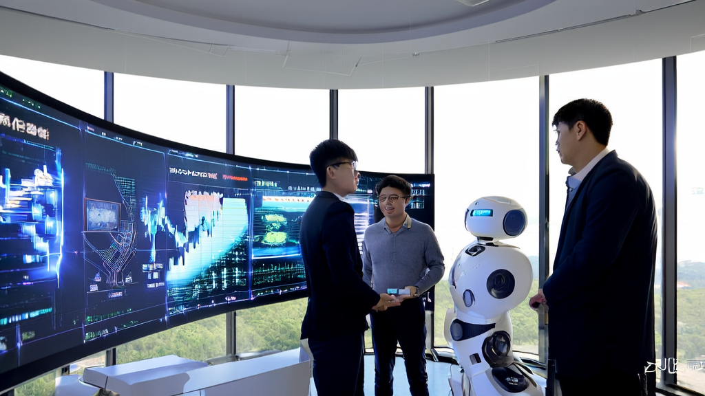 团队成员在充满科技感的办公室内使用AI技术优化邮件营销策略，提高获客效率
