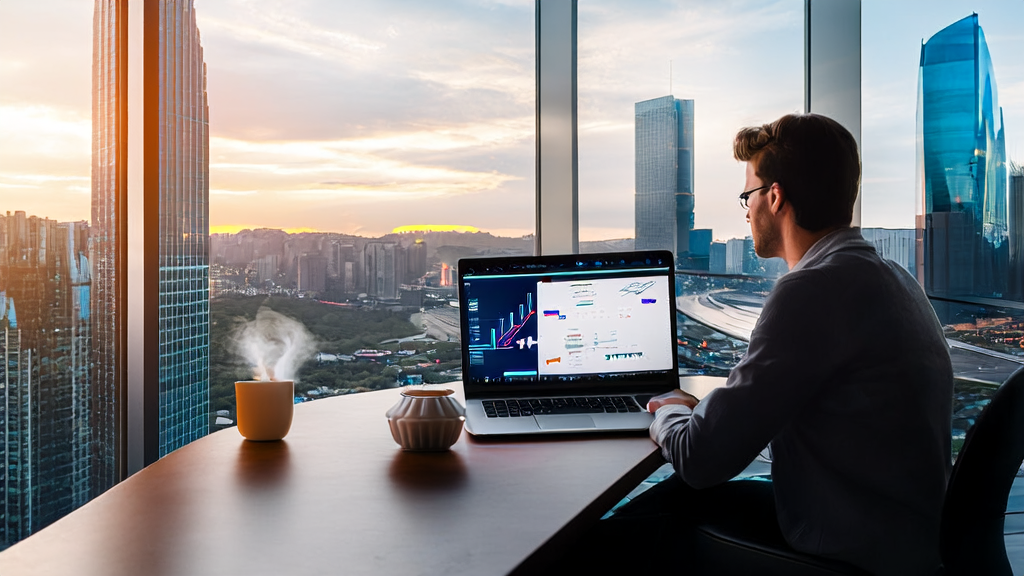 A young entrepreneur in a modern office using AI email marketing platform to optimize customer behavior analysis and acquisition paths