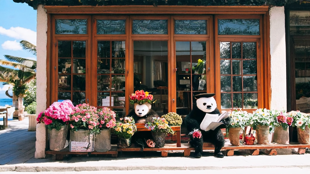 阳光下的花店前，一只戴帽子的羊毛毡大熊猫正在阅读邮件，背景是蓝天和棕榈树。