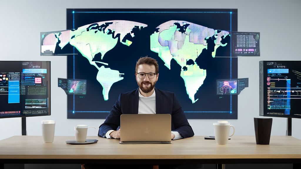A young entrepreneur in a modern office using AI email marketing tools to optimize overseas market performance, with a world map and MobiAgent statistics displayed on the wall.