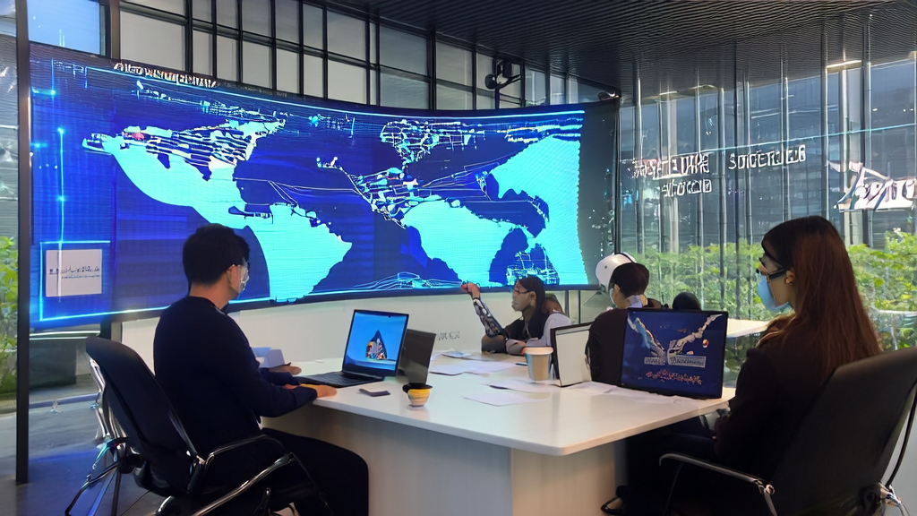 几名创业者在办公室中利用AI邮件营销优化海外市场效果，阳光透过窗户洒进现代化的办公空间。