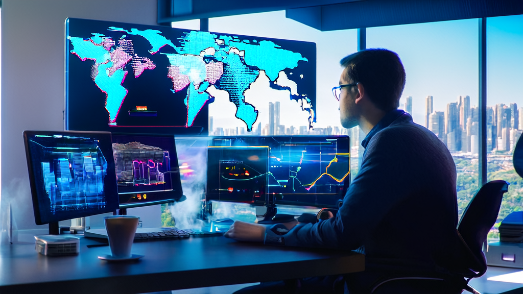 一名营销人员在现代化办公室中利用AI优化邮件营销策略，提高回复率，并使用通义APP进行多语言翻译。