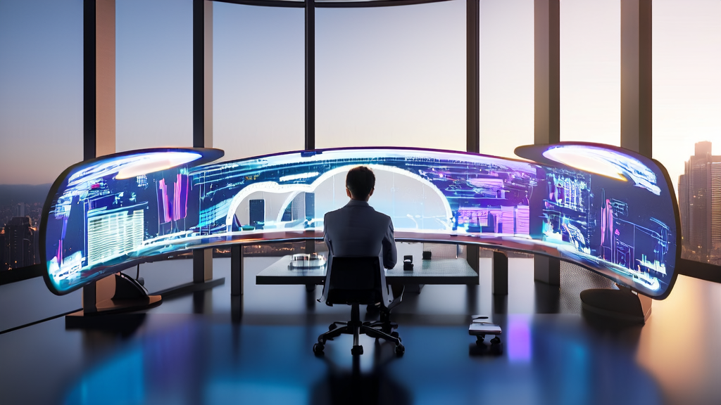 Entrepreneur in a futuristic office using AI technology to optimize email marketing acquisition paths