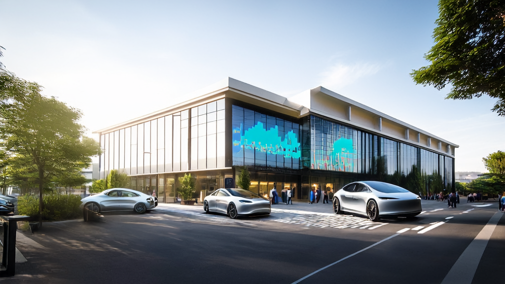 在现代化办公室中，营销人员利用AI技术优化邮件内容，特斯拉Robotaxi无人车在窗外行驶，提升邮件转化率