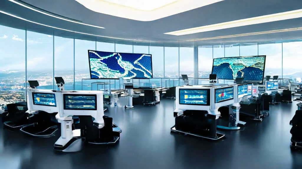 An AI email marketing command center in the global market, where robots and data analysis screens work together to optimize overseas marketing effectiveness.