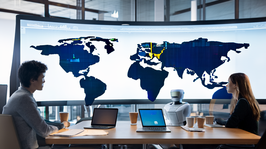 A modern office bathed in sunlight, where employees are optimizing overseas email marketing strategies using AI tools