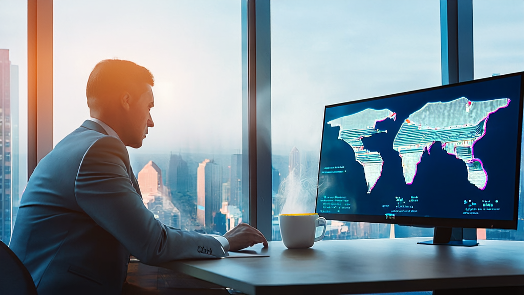 AI email marketing optimizing overseas market performance: A marketing manager in a modern office using the Gemini app by Google for multilingual email generation and data analysis