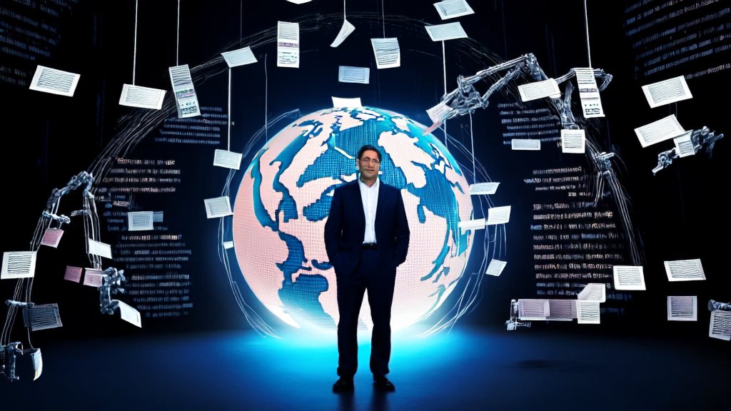 企业家利用AI邮件营销优化海外市场的营销效果，背景中有智能机器人处理多语言邮件和数据分析。